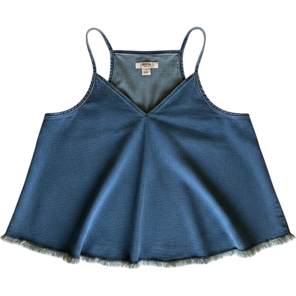 Mossimo Blue Denim‎ Stretch Western Festival Tank Top Y2K Frayed Hem Size Large